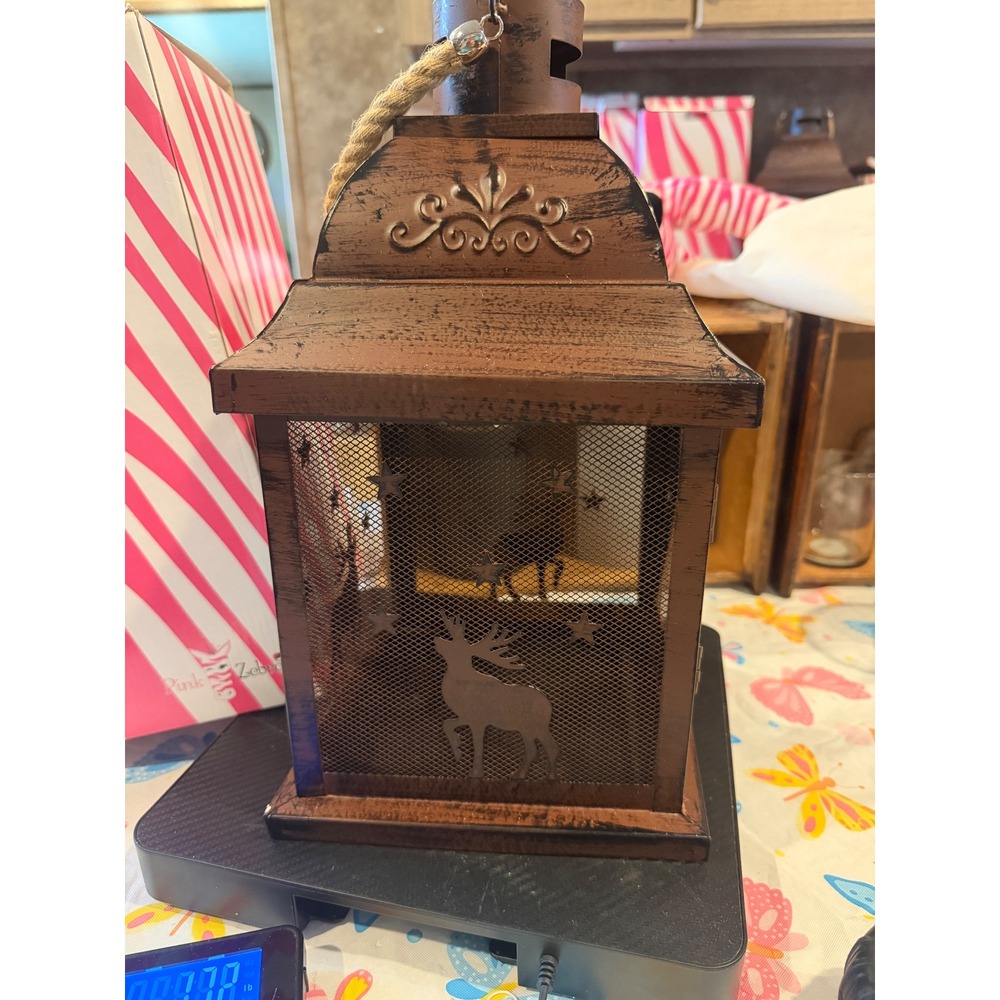 Pink Zebra Rustic Bronze Metal Reindeer Mesh Lantern Christmas Lodge Decor 14"